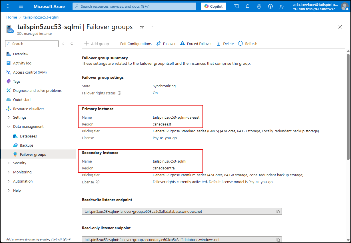 The failover groups page is displayed, with the swapped primary and secondary instances highlighted.