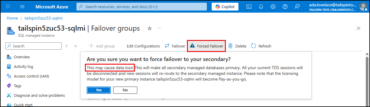 The failover groups page shows the failover options.