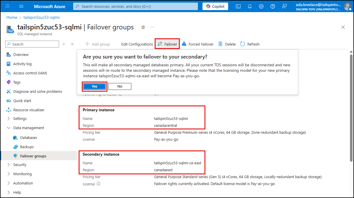 The failover groups page shows the failover options.