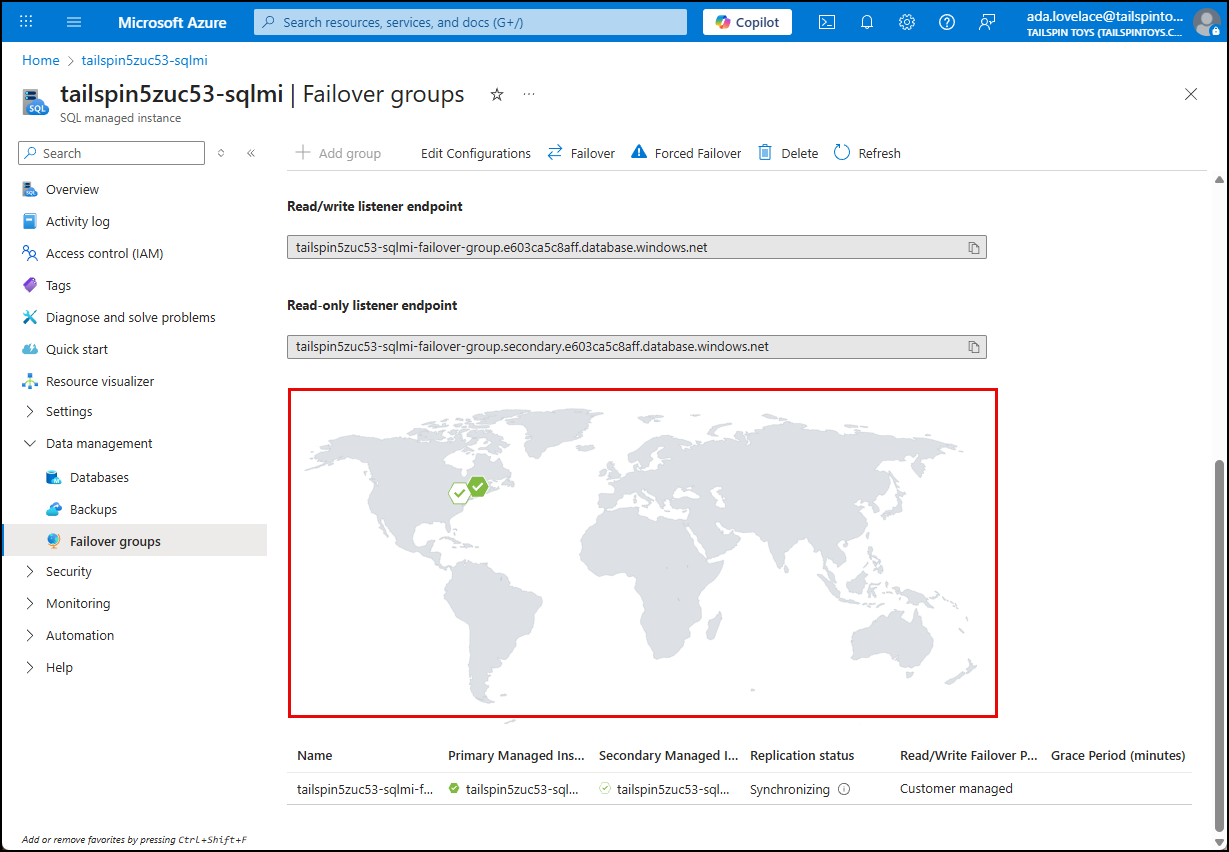 The failover groups map reflects the swap of the primary and secondary instances in different regions.