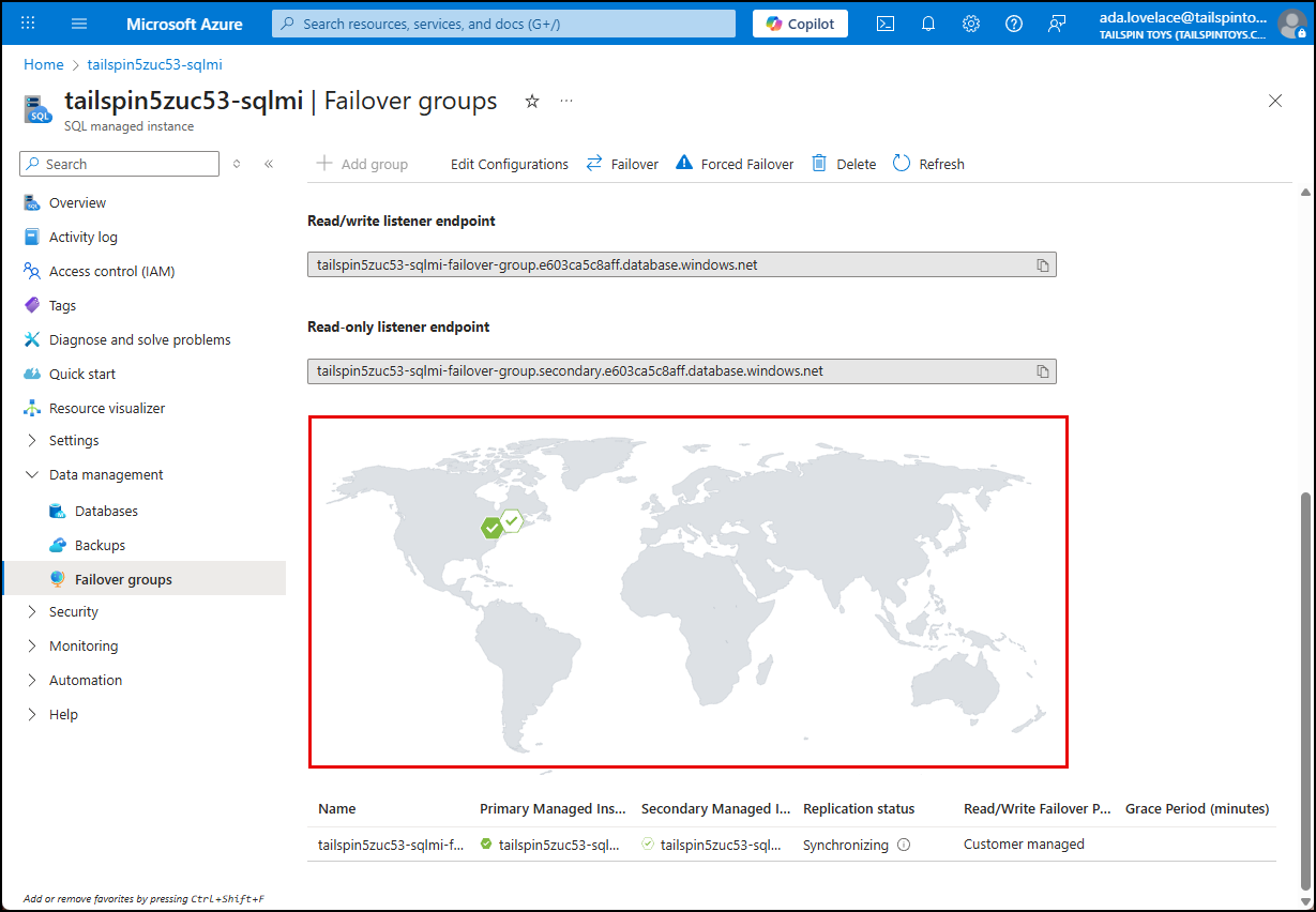 The failover groups map shows the primary and secondary instances in different regions.