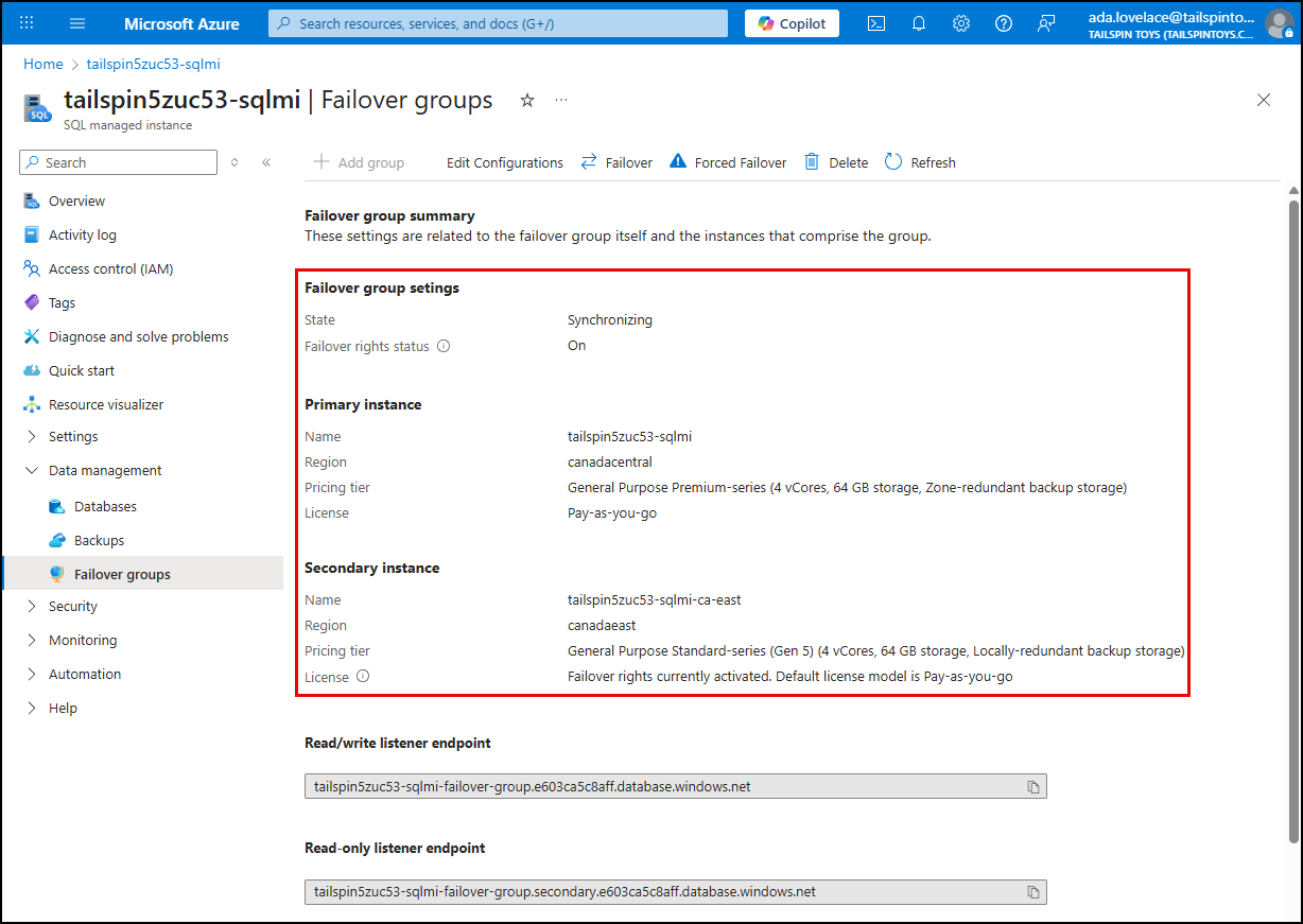 On the Failover groups page, the group settings and primary and secondary instance details are displayed and highlighted.
