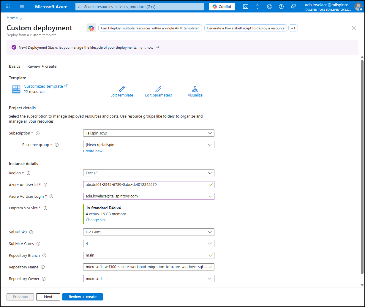 Azure Portal Create a new deployment standard window with entries to add all options needed to deploy the ARM template.