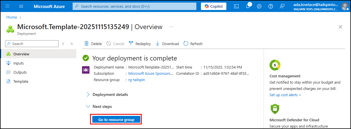 Azure Portal notification window showing deployment complete with Go to resource group link highlighted.