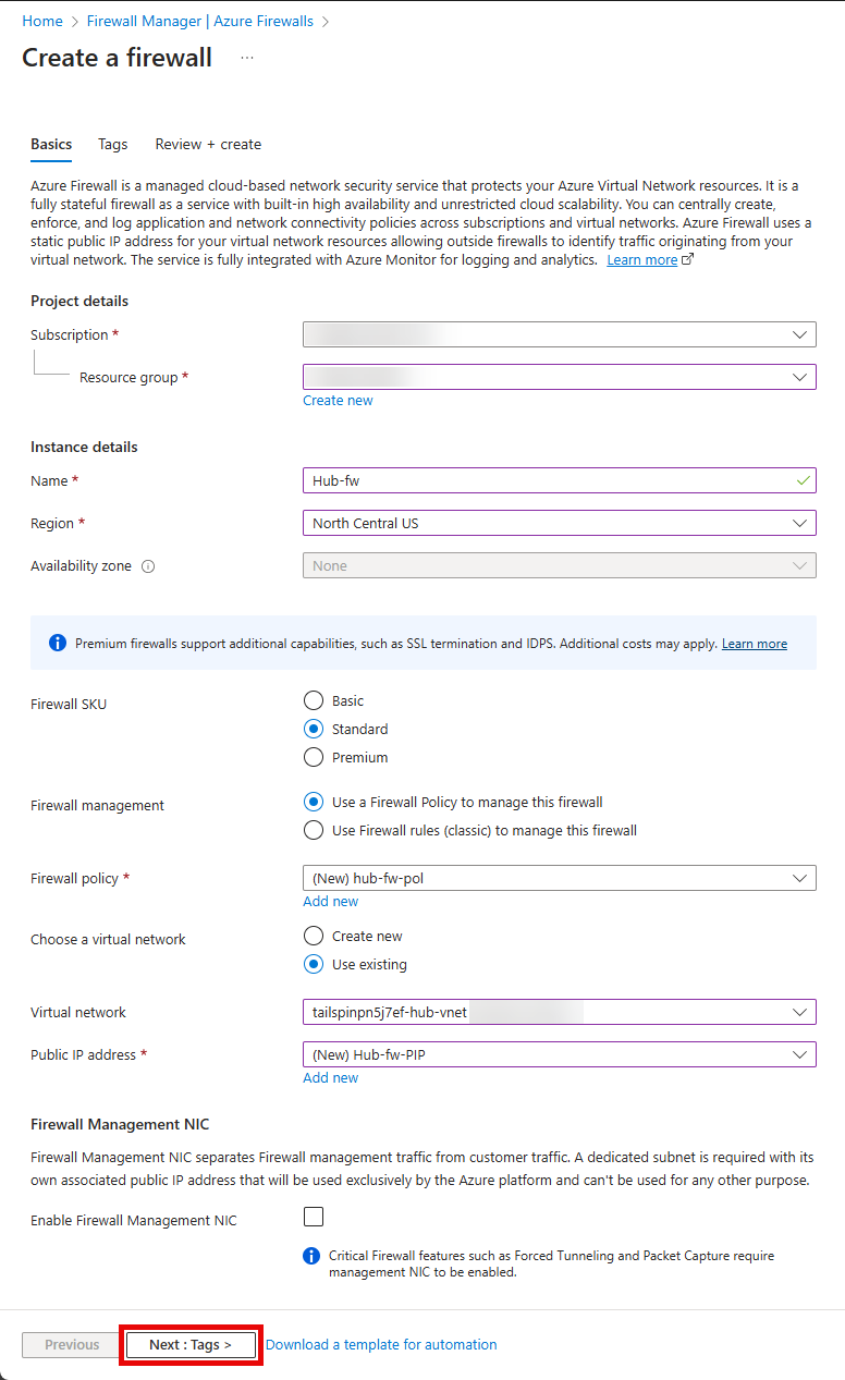 The Basics tab of the Create a Firewall is displayed with the full set of values entered.