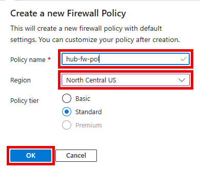 The Create a new Firewall Policy popup is shown, with the values entered.