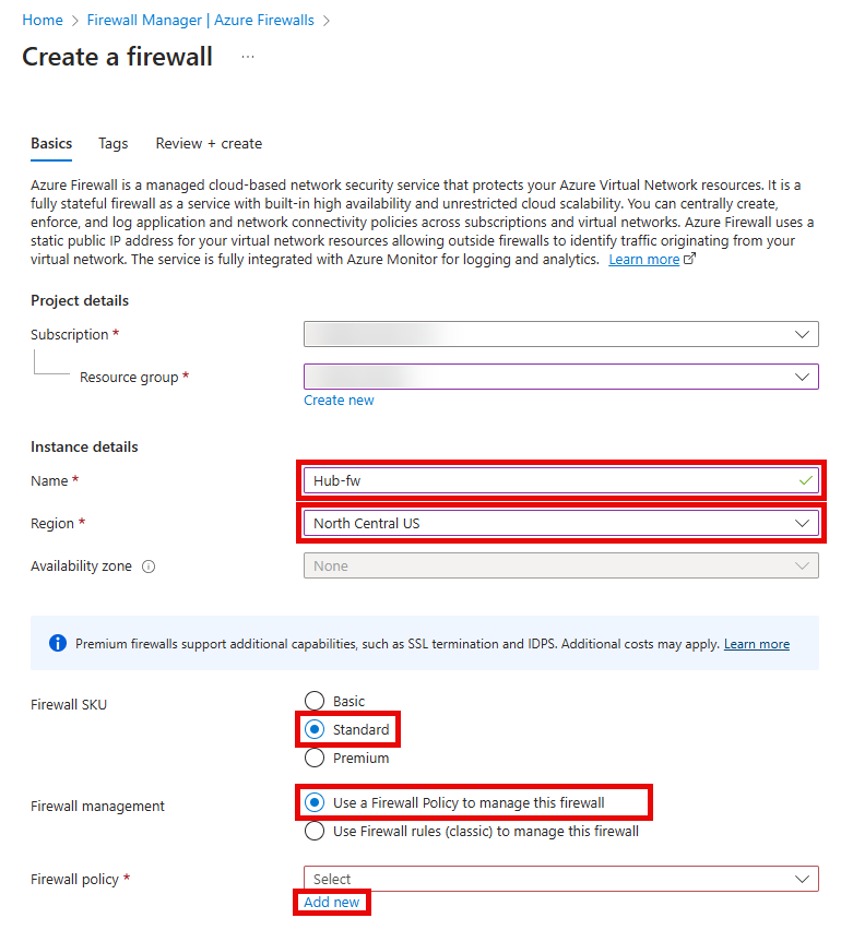 The Basics tab of the Create a Firewall is displayed with values entered.