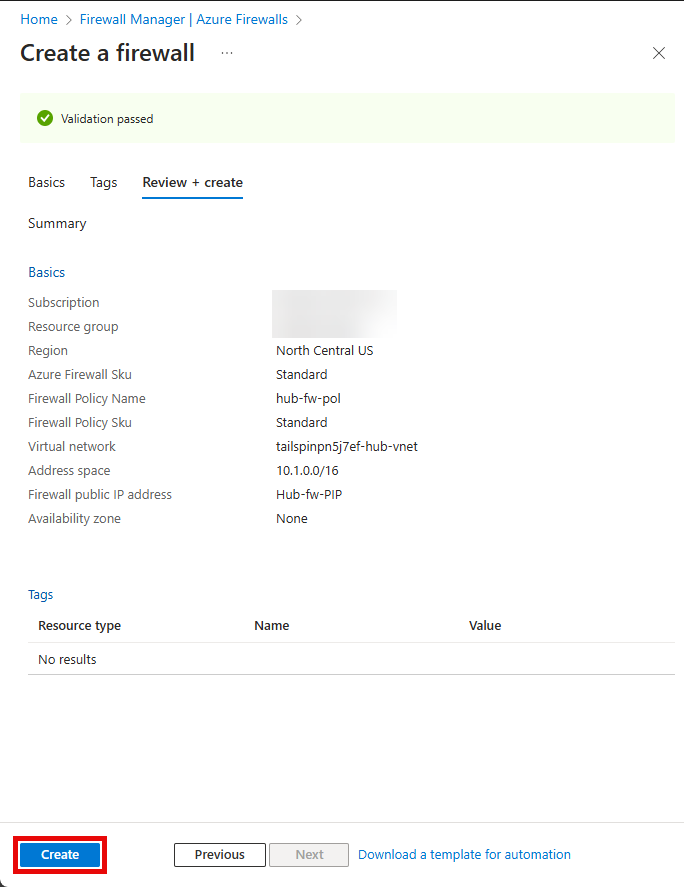 The validation tab of the Create a Firewall is displayed.