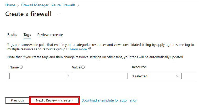 The Tags tab of the Create a Firewall is displayed with the values entered.