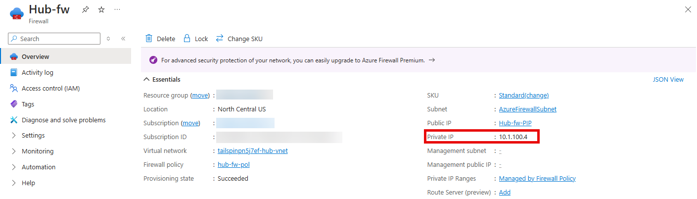 The Hub-fw overview page is shown with the Private IP highlighted.