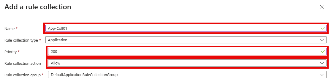 The Add a rule collection pane is shown, with the values entered.