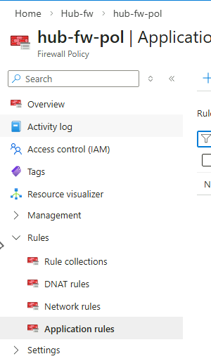 The hub-fw-pol Firewall Policy pane with the Application rules sub-section highlighted.