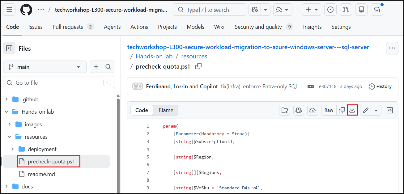 The precheck-quota.psq file is highlighted in the GitHub files menu, and the download raw file button is highlighted on the toolbar.