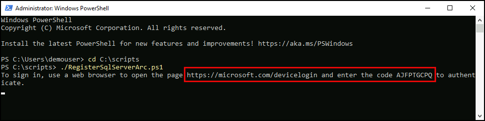 The authentication URL and code are highlighted in the PowerShell dialog.
