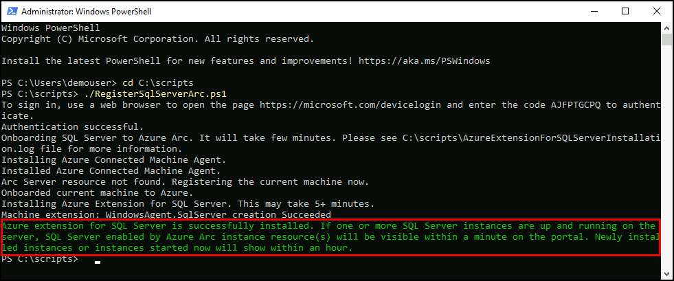 The success message is highlighted in the command output.
