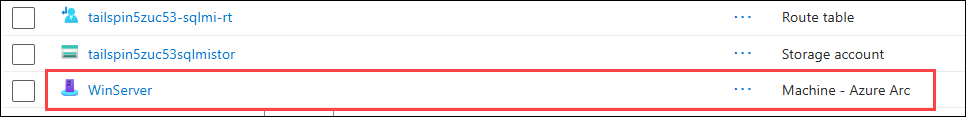 Azure Resource Group showing resource list with Machine - Azure Arc resource The resources in the resource group are shown with the resource of type Machine - Azure Arc highlighted.