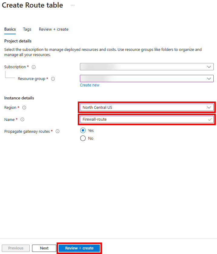 The Create Route table pane is shown, with the values entered.