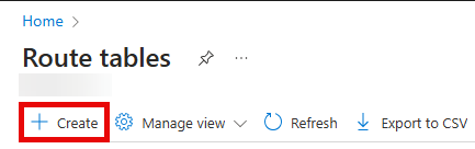 The Route tables list with the Create option highlighted.