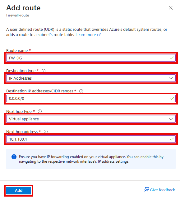 The Add route pane is shown, with the values entered.