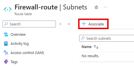 The Firewall-route Route table Subnets pane with the Associate option highlighted.