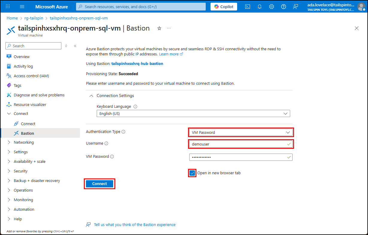 The Bastion pane of the tailspin-onprem-sql-vm Virtual machine is shown with the Username and Password fields entered and highlighted.