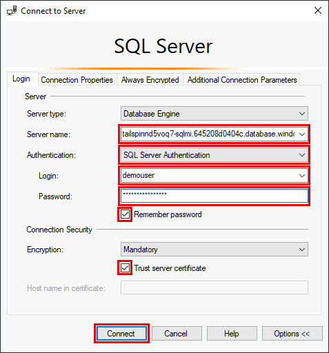 The SSMS Connect to Server dialog is displayed with the Trust server certificate checkbox and Connect button highlighted.