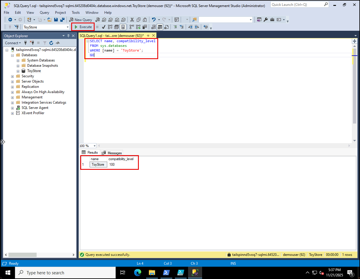 The query to retrieve the compatibility level of the ToyStore database is highlighted in the query window, the Execute button is highlighted on the toolbar, and the output of the query, showing a compatability level of 100, is highlighted.