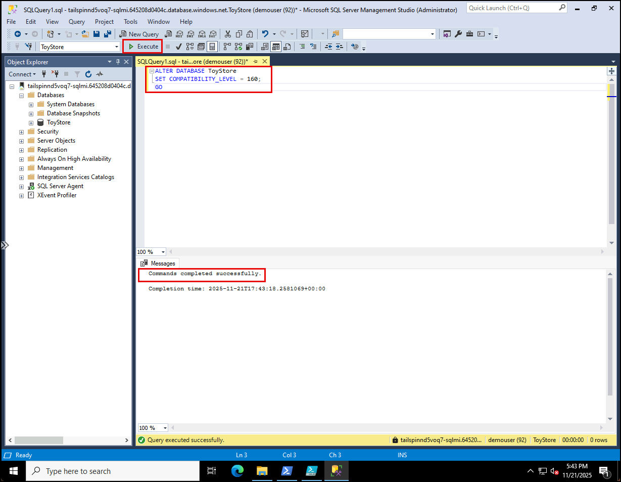 The alter database query is highlighted in the query window, with the Execute button and commands completed successfully output message highlighted