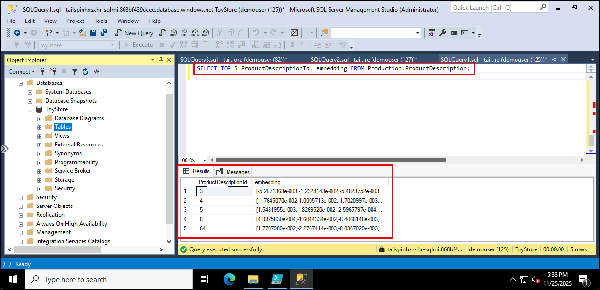 The above query is highlighted in the query window and the results are highlighted in the results pane.