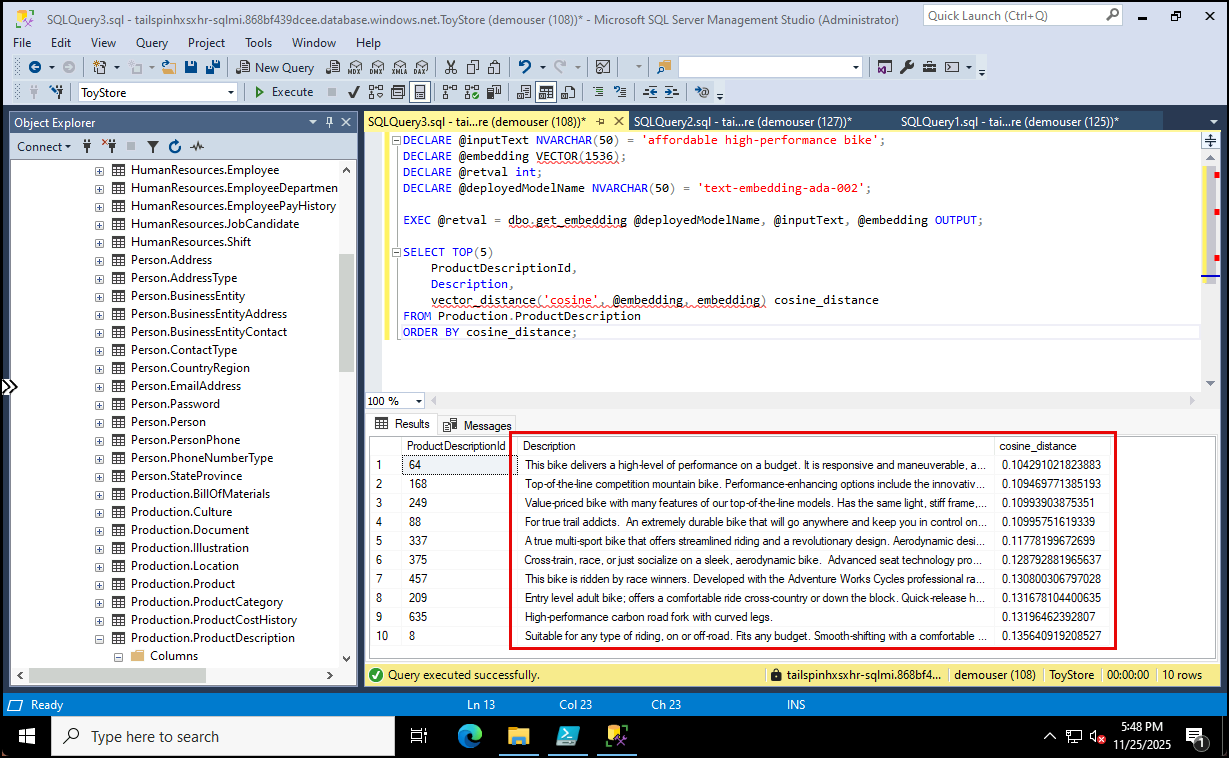 The results pane is highlighted in SSMS, showing the descriptions most similar to the phrase "affordable high-performance bike."