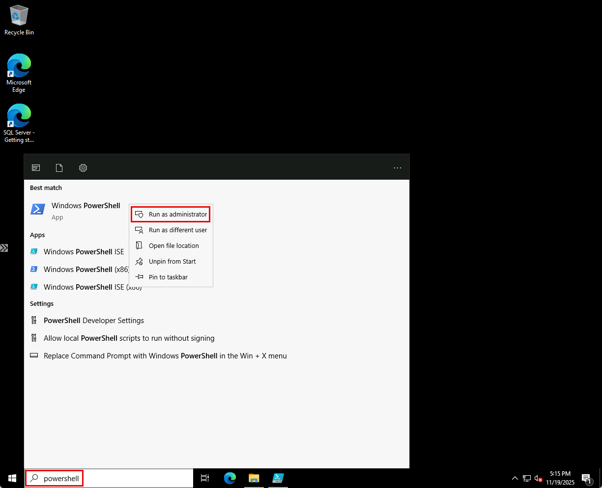 PowerShell is entered into the Windows search bar, Windows PowerShell is selected in the results, and Run as administrator is highlighted in the context menu.