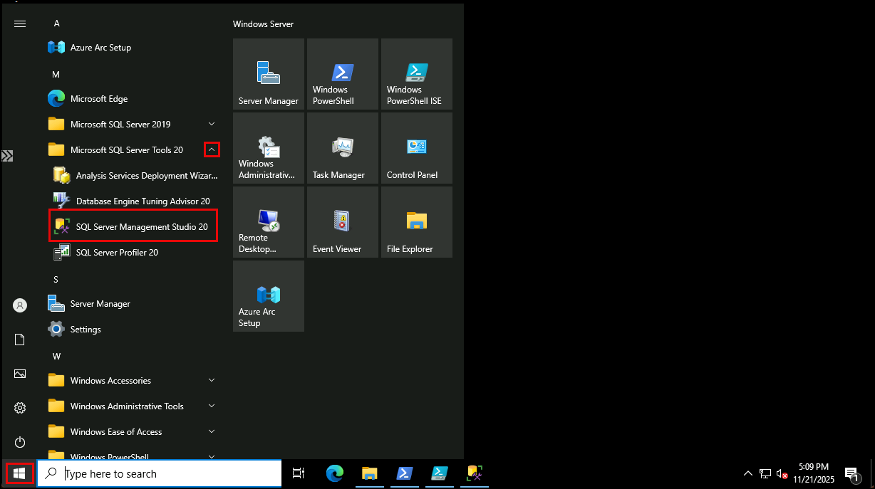 On the SQL VM, Microsoft SQL Server Management Studio 20 in highlighted within the Microsoft SQL Server Tools 20 folder in the Windows Start menu.
