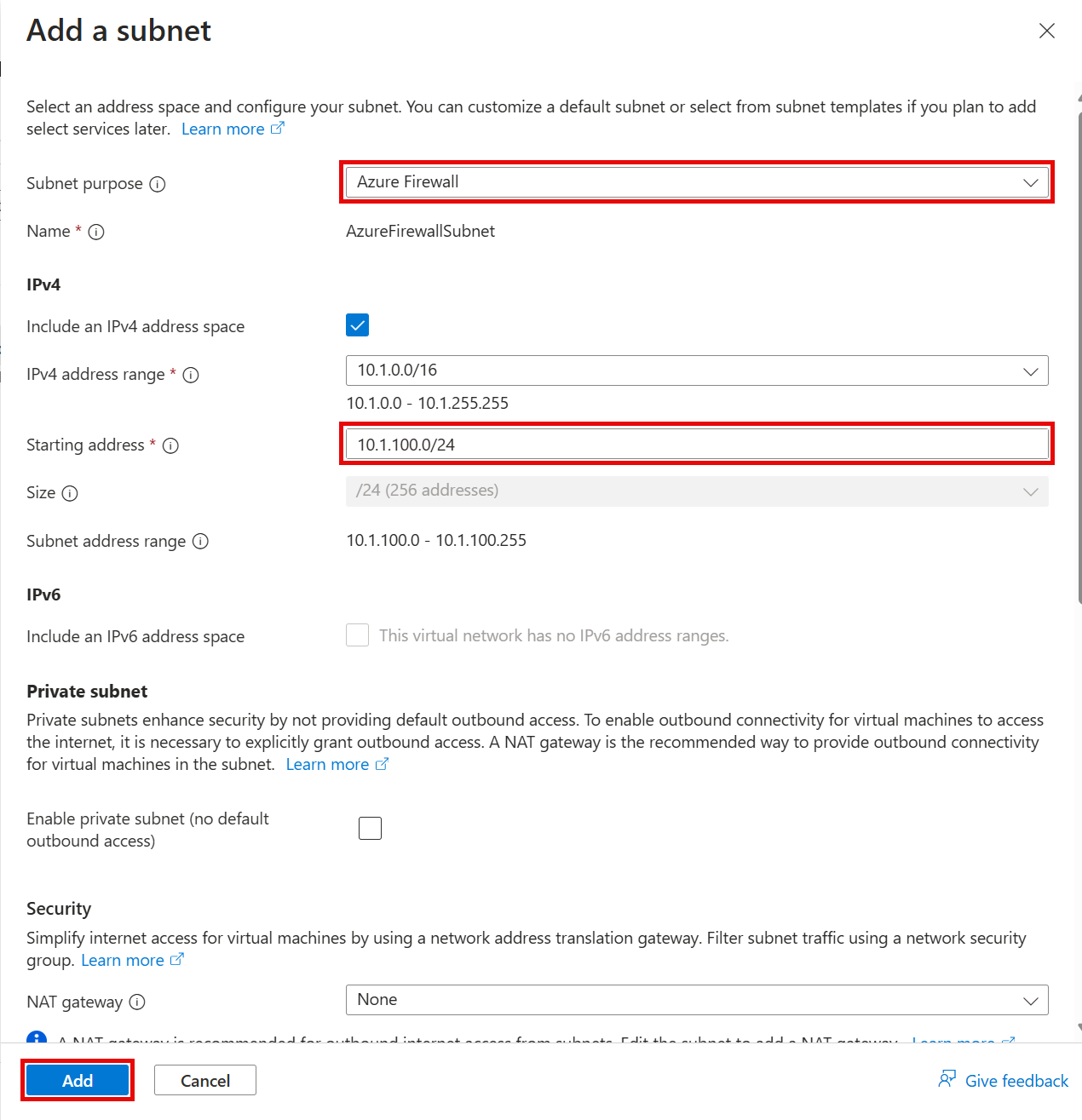 The Add a subnet pane is shown, with the values entered in to add the Azure Firewall.