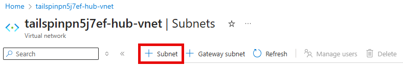 A Virtual Network pane is shown, with the Subnets sections selected and with the add subnet option highlighted.