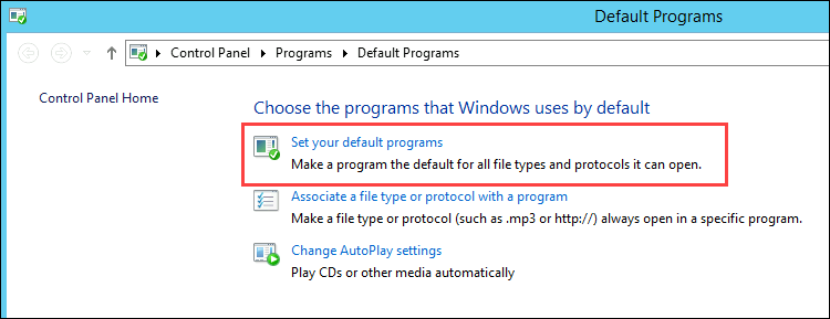 The Default Programs window is shown with the Set your default programs option highlighted.