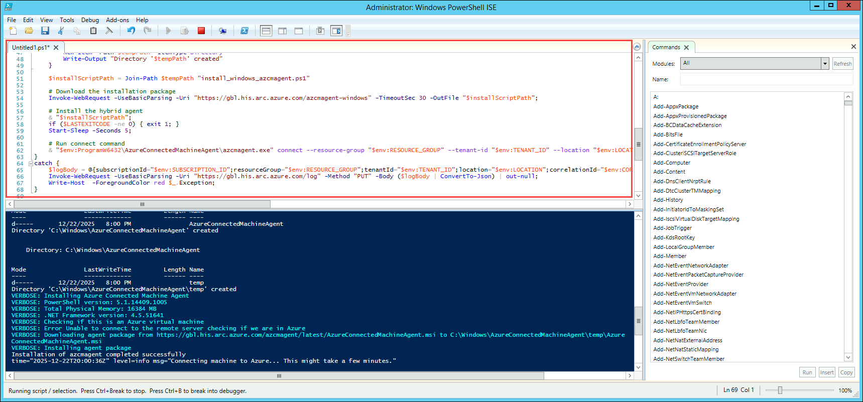 The Windows PowerShell ISE window is shown with a new script file open.