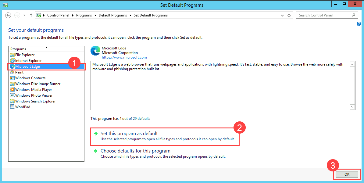 The Set Default Programs window is shown with Microsoft Edge selected and the Set this program as default option highlighted.