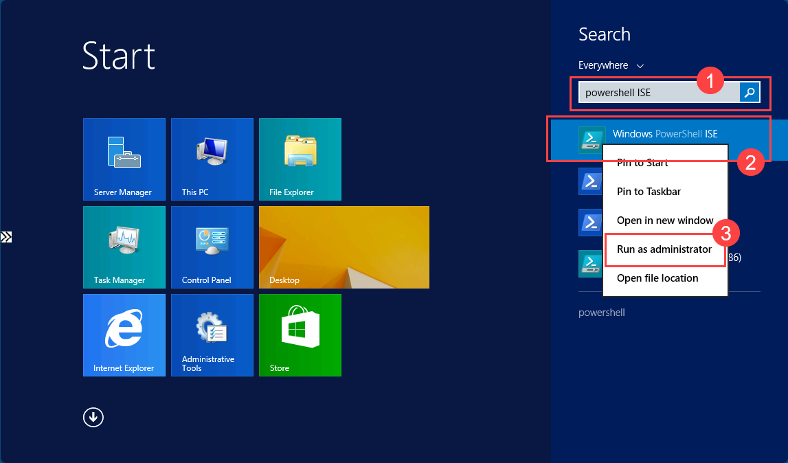 The Start menu is shown with Windows PowerShell ISE highlighted and the Run as administrator option selected.