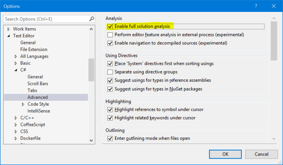 Visual Studio Options -> Text Editor -> C# -> Advanced -> Enable full solution analysis option