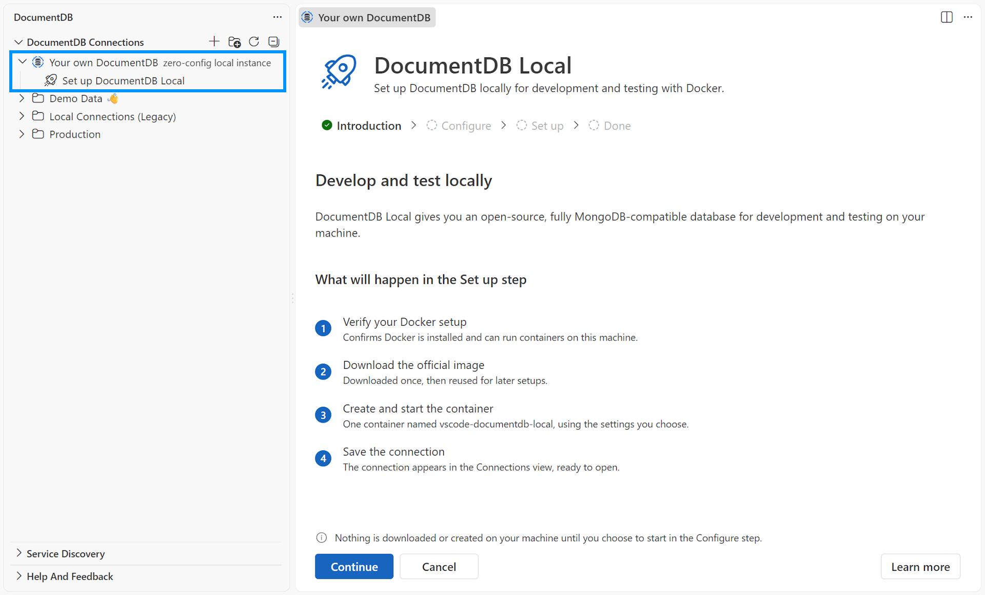 DocumentDB Local setup view on the Introduction step, showing the four-step Introduction, Configure, Set up, Done progression, with Set up DocumentDB Local highlighted under Your own DocumentDB in the Connections view