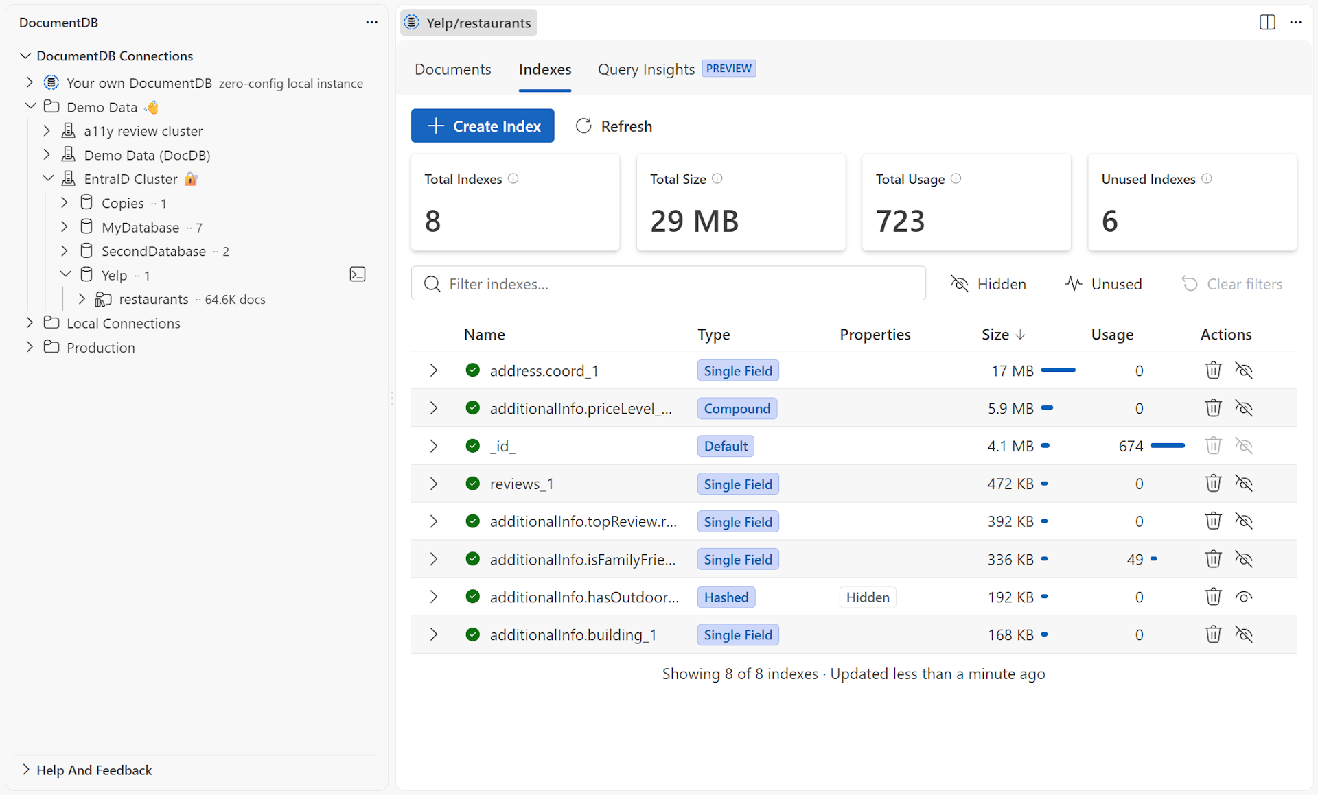 Indexes tab in Collection View showing Total Indexes, Total Size, Total Usage, and Unused Indexes metrics above a filterable index table with type badges, size bars, usage counts, and per-row delete and hide actions