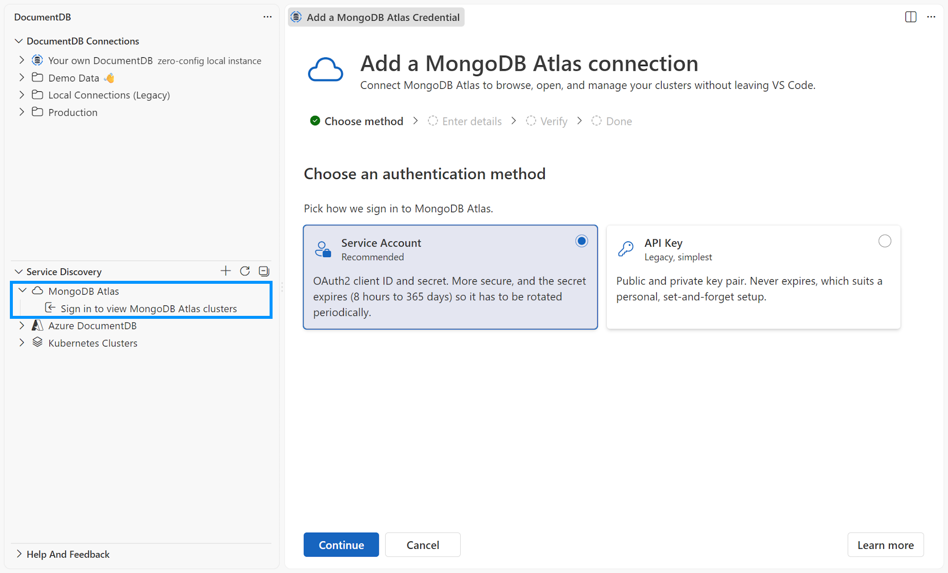 Add a MongoDB Atlas connection view on the Choose method step, offering a recommended Service Account option and an API Key option, with Sign in to view MongoDB Atlas clusters highlighted under MongoDB Atlas in the Service Discovery view