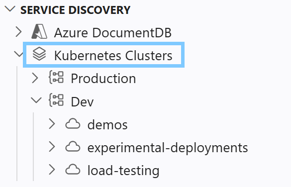 Kubernetes Service Discovery tree showing two kubeconfig sources, a context expanded into namespaces, and discovered DocumentDB targets with connectivity indicators