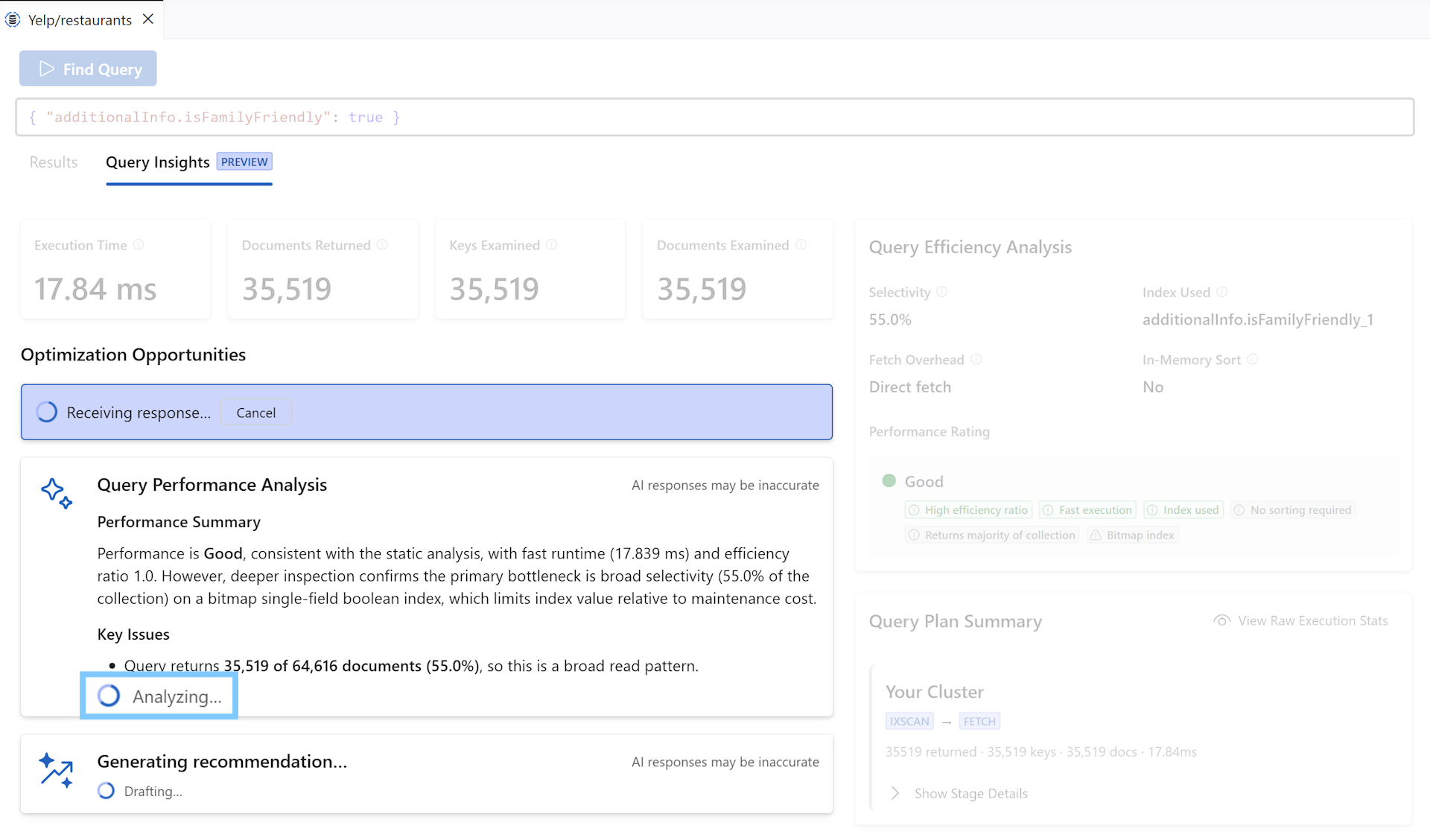Query Insights panel mid-stream: summary text appearing line by line, one completed recommendation card, and a second card being progressively revealed