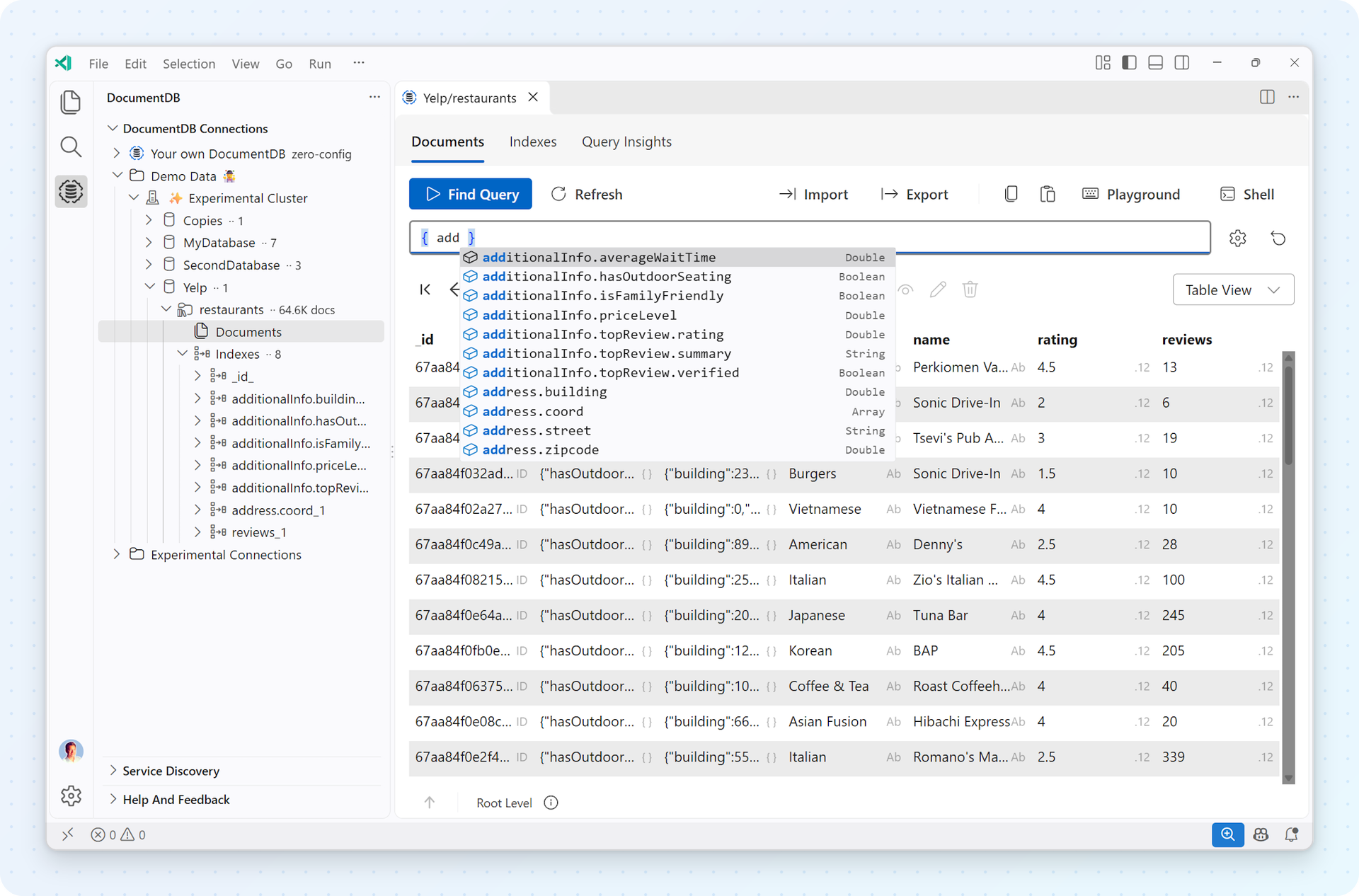Collection View showing restaurant documents in Table view, field suggestions in the filter, and toolbar buttons for Import, Export, Playground and Shell