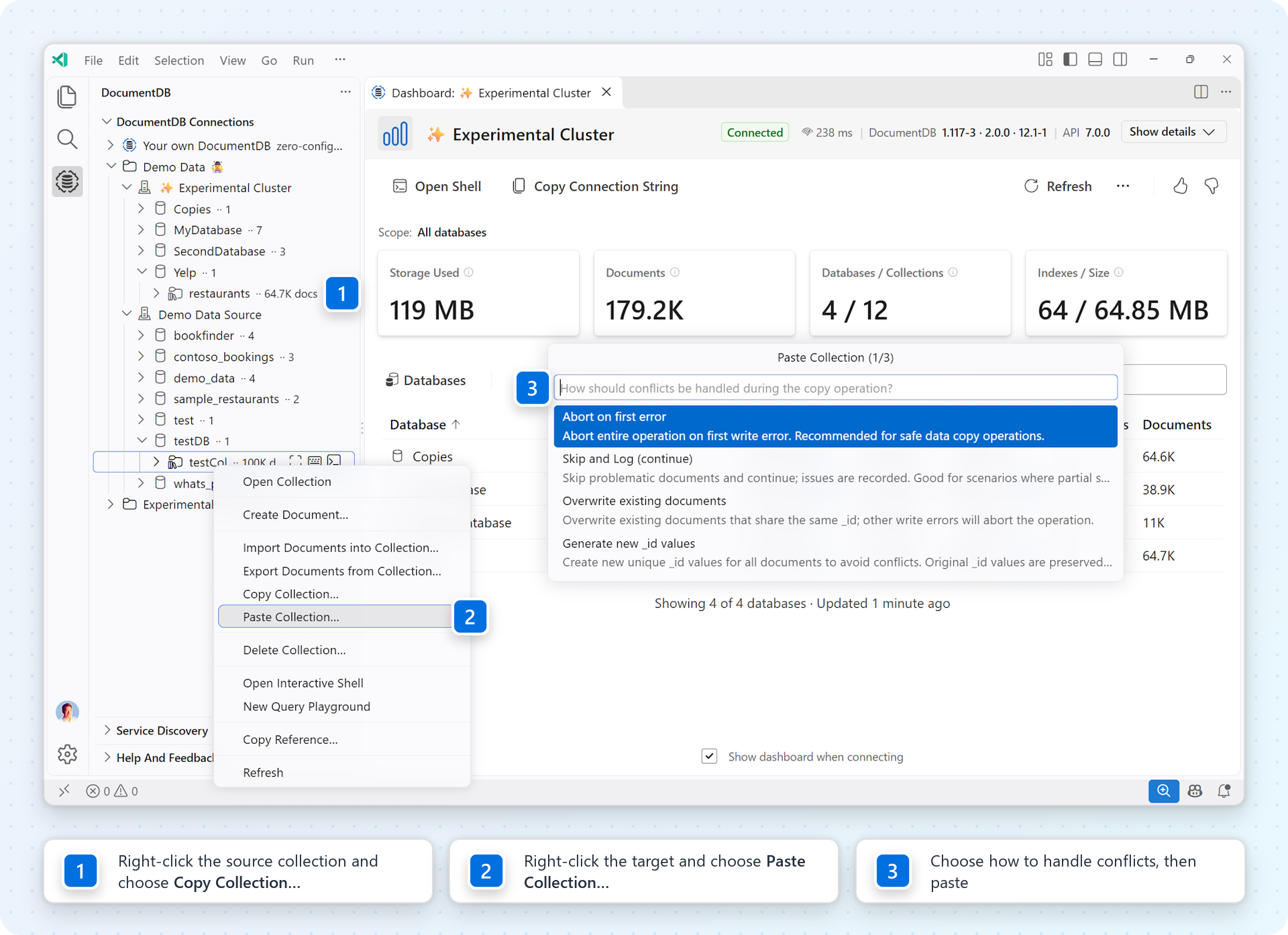 Copy and paste in three steps: 1, right-click the source collection and choose Copy Collection; 2, right-click the target and choose Paste Collection; 3, choose how to handle conflicts, then paste