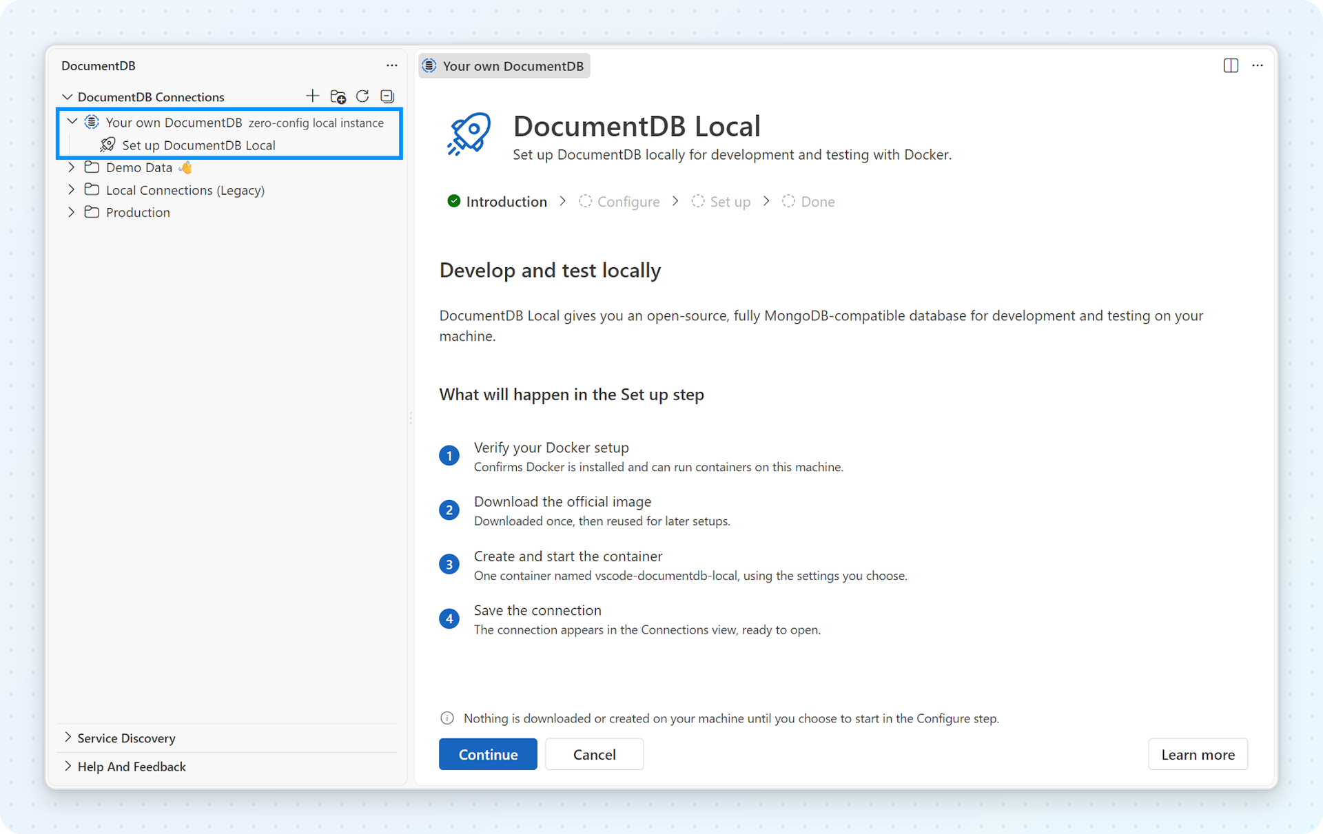 DocumentDB Local setup view with the Introduction, Configure, Set up and Done steps