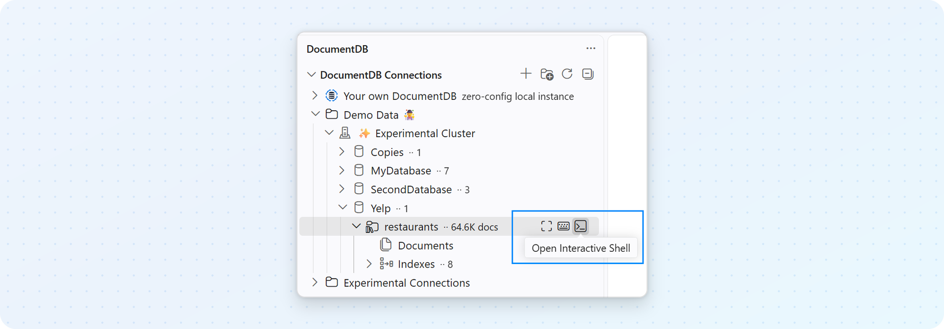 A collection in the Connections view with its three inline buttons, Open Collection View, New Query Playground and Open Interactive Shell, highlighted