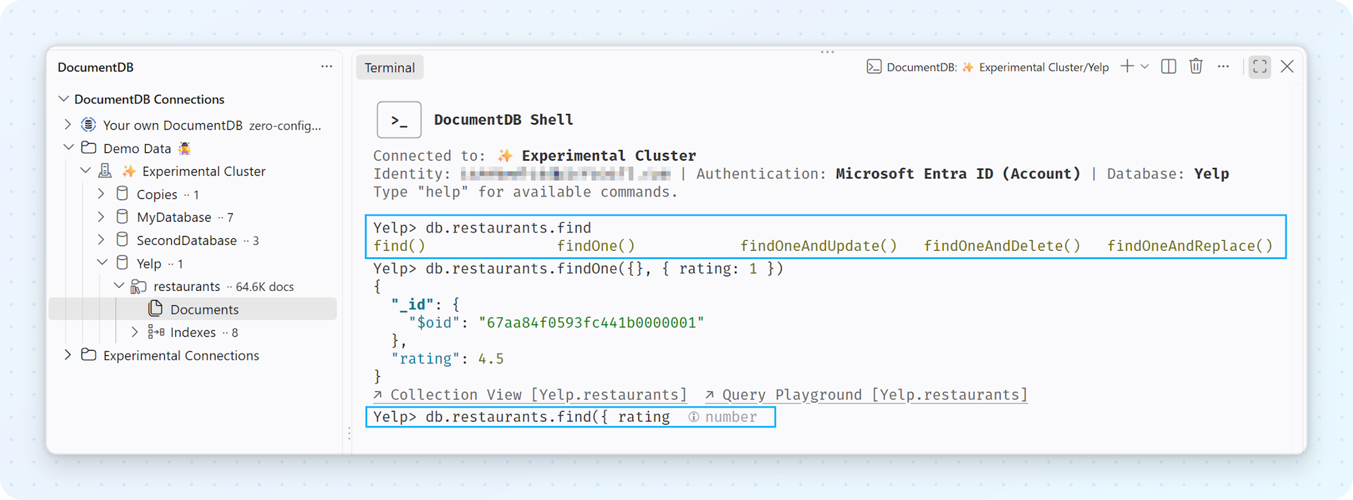Interactive Shell connected with Microsoft Entra ID, showing the connection header, method suggestions for db.restaurants.find, a query result with links to the Collection View and Query Playground, and field completion