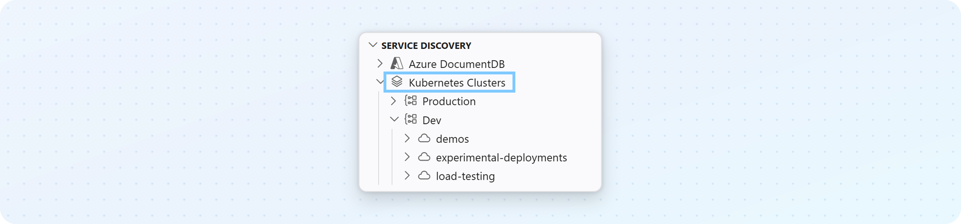 Kubernetes service discovery listing kubeconfig sources, contexts and discovered DocumentDB clusters